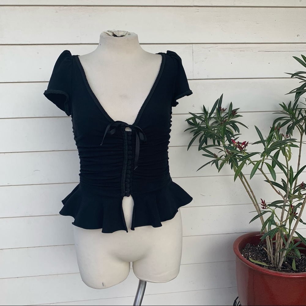 Vintage Betsey Johnson 90 2000 y2k Corset Top Button Ruched Milkmaid Peplum Goth